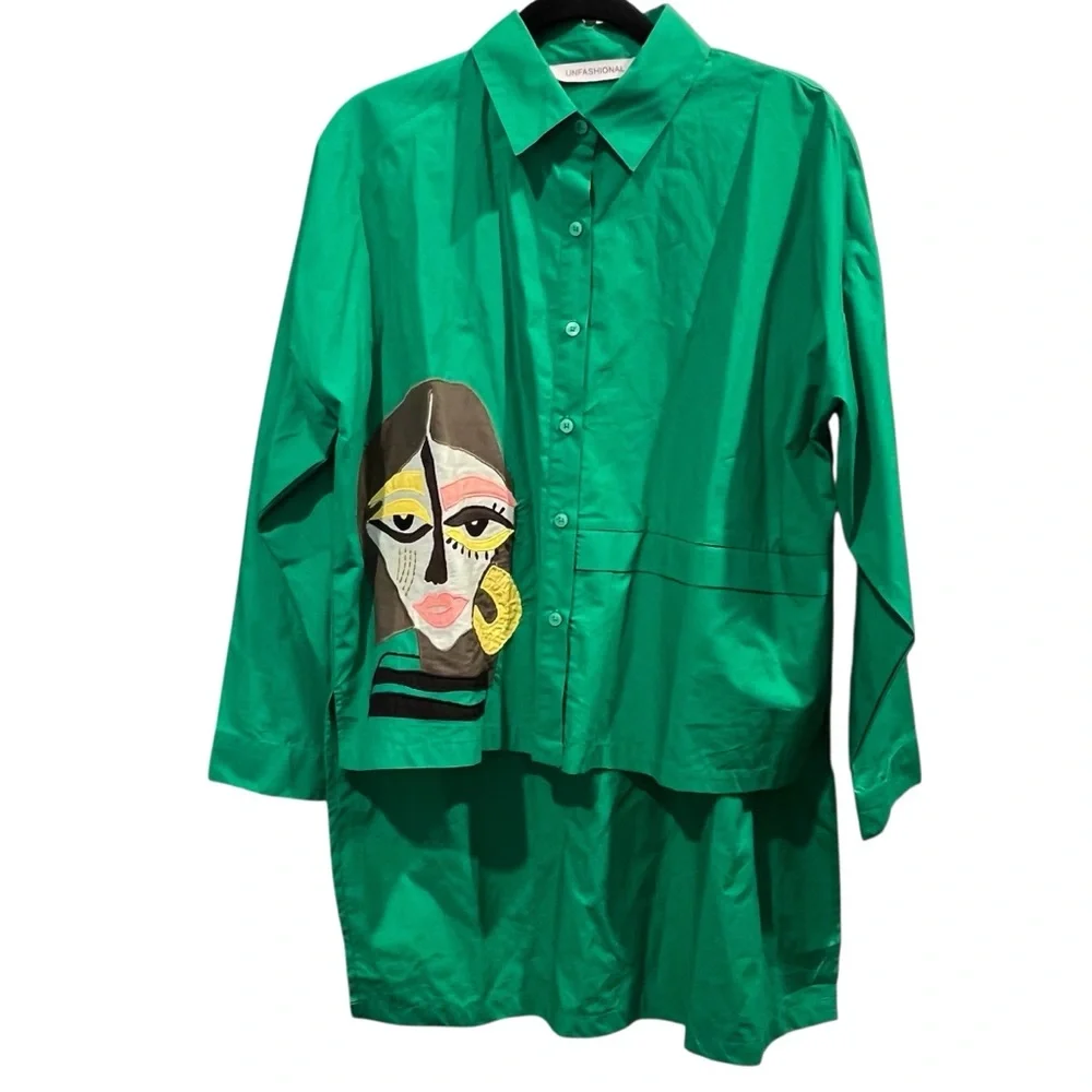 Unfashional Japanese Designer Green Button Front Abstract Face Art Oversized - Picture 7 of 10